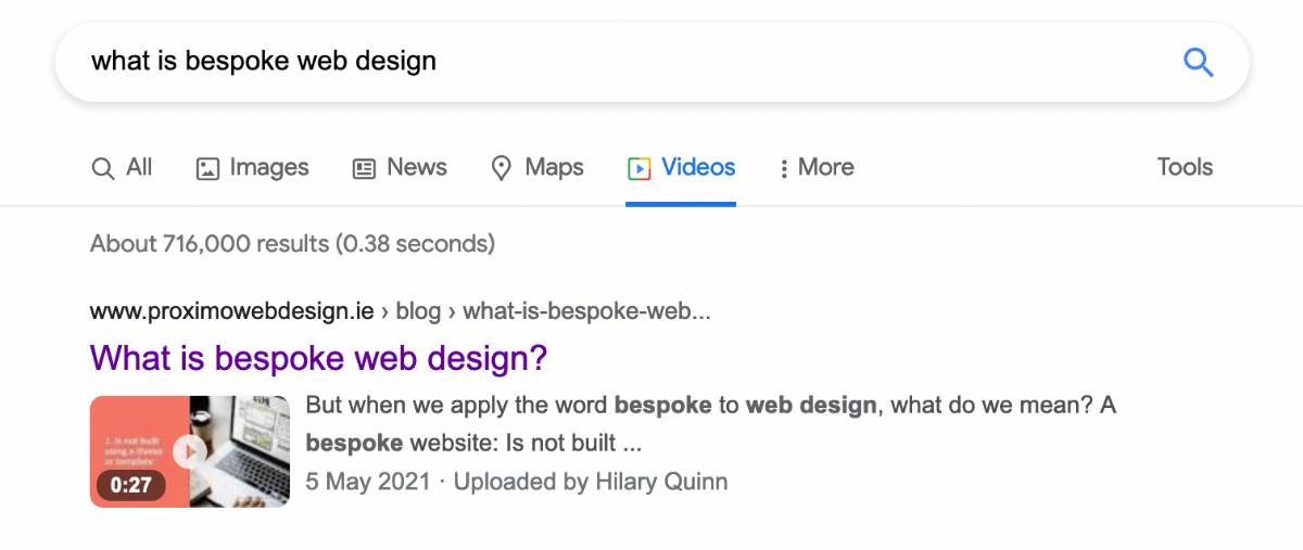 Video result example first place linking to blog