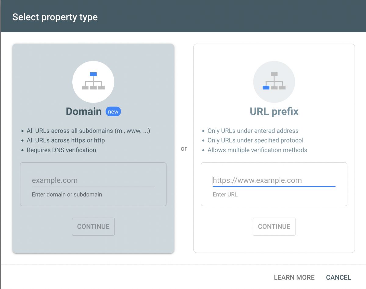 New profile google search console URL prefix option