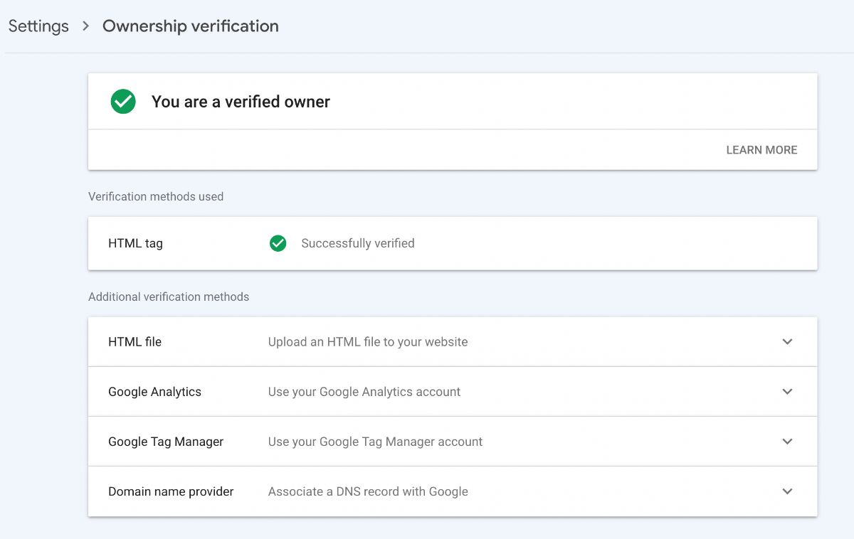 Google search console ownership verification screenshot