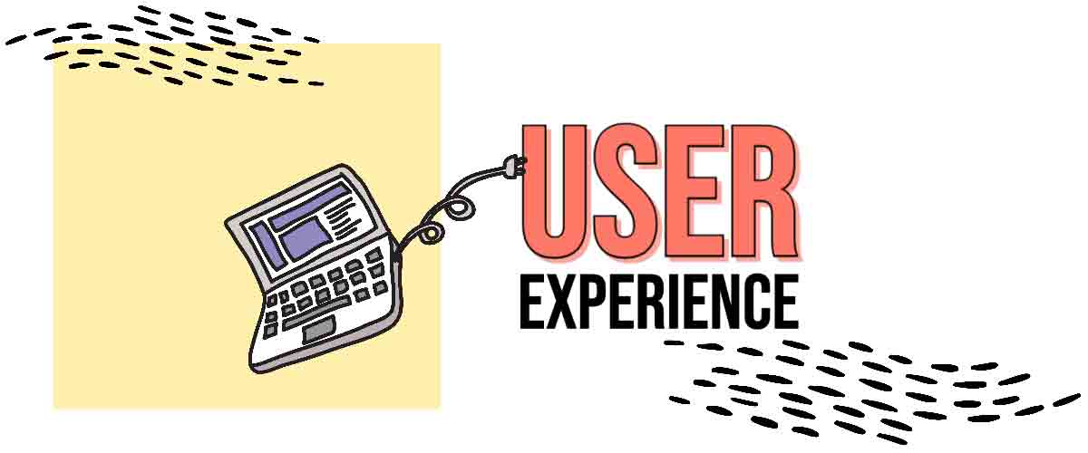 User experience - User in coral colour with sketch background and drawn laptop icon