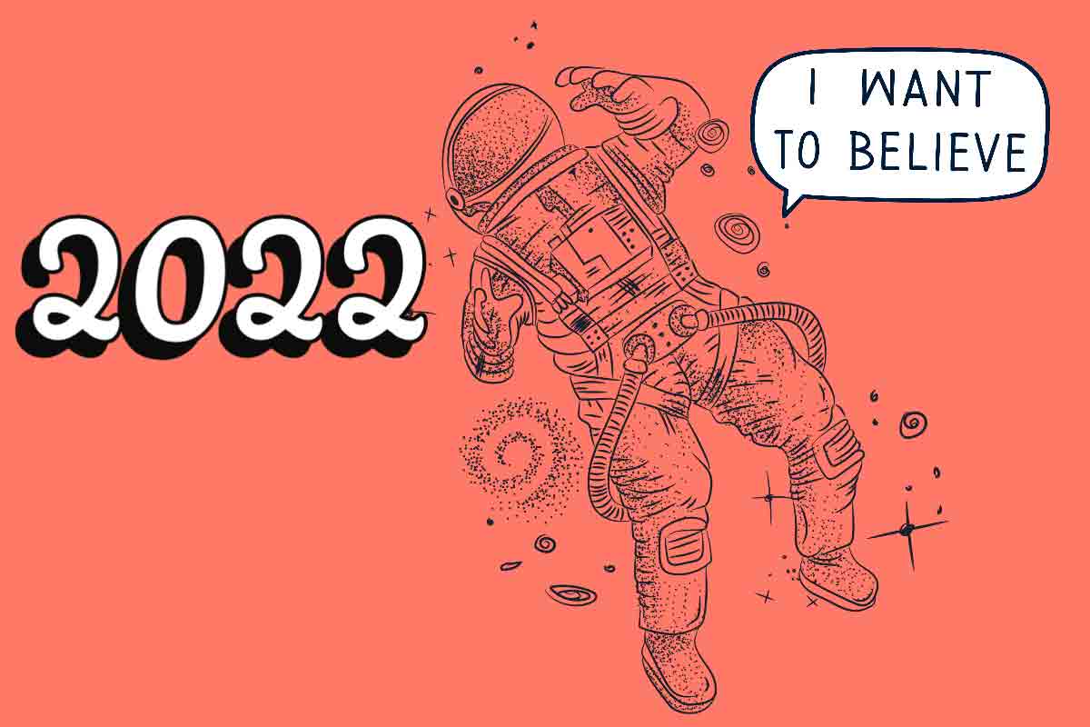 Web design 2022 in hand written block text with astronaut drawing on coral background