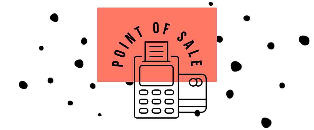 Point of sale icon on coral square block overlapping with dotted background