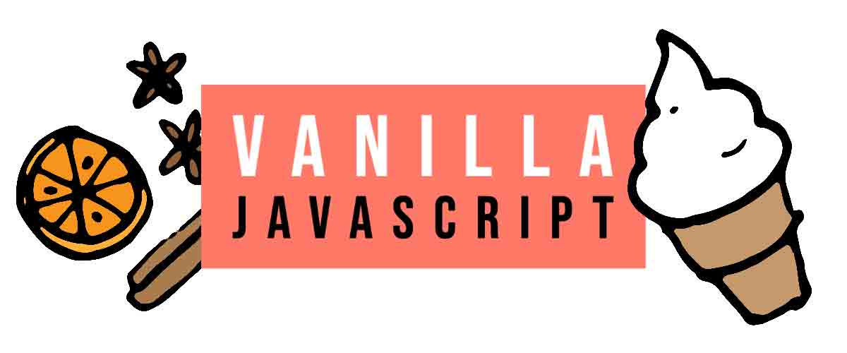 Vanilla JavaScript in block text on coral rectangle with vanilla and ice-cream icons