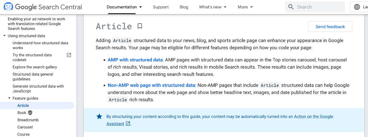 Google Search Central screenshot Article structured data text