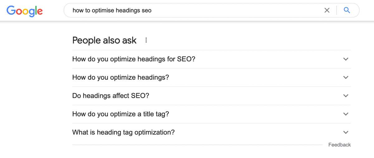 Screenshot of Google and People Also Ask section showing questions related to how to optimise headings SEO