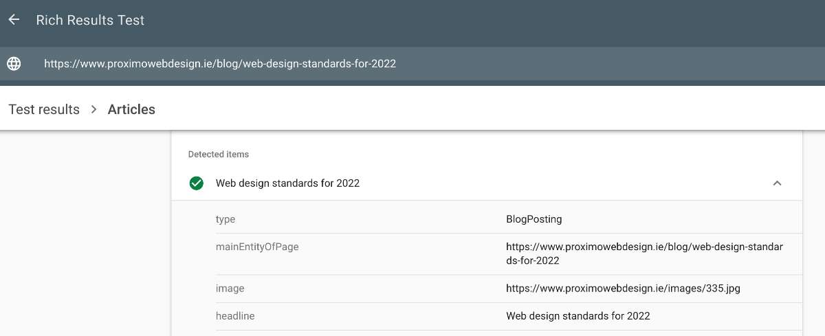 Google rich results test screenshot showing green tick for test results articles type BlogPosting