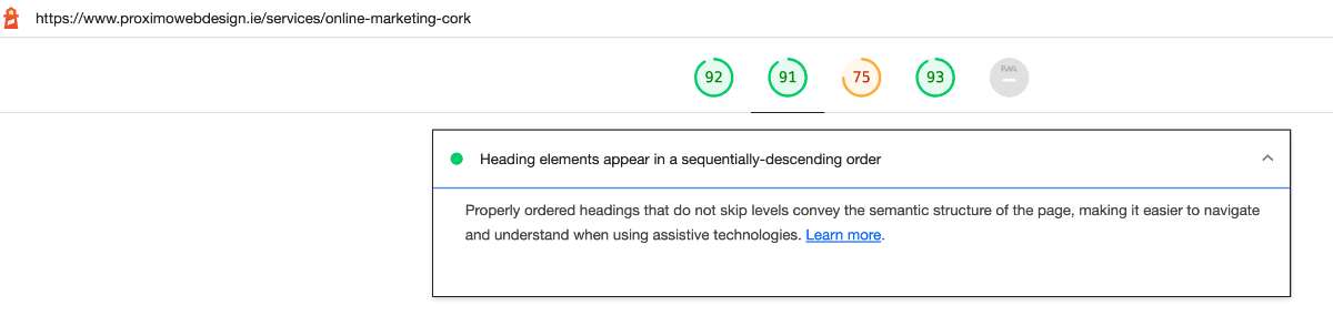 Chrome lighthouse report testing sequential headings showing Heading elements appear in a sequentially-descending order with green dot