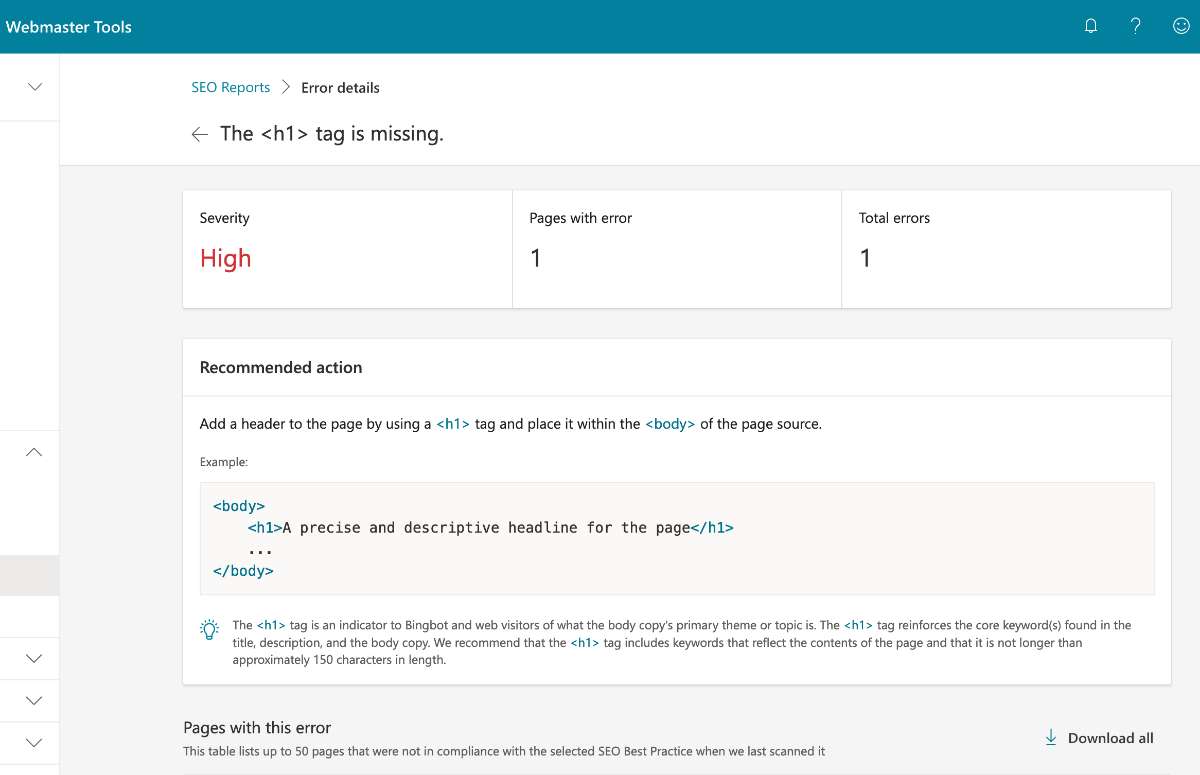 Bing webmaster tools seo report error The h1 tag is missing