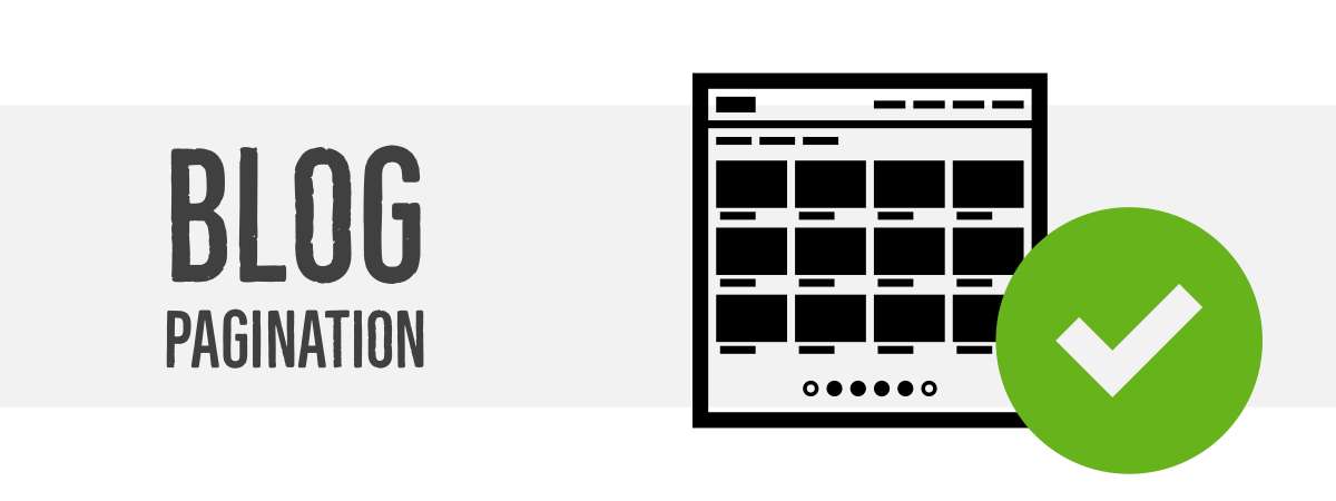 Blog pagination text with wireframe of blog boxes design with green check to the right