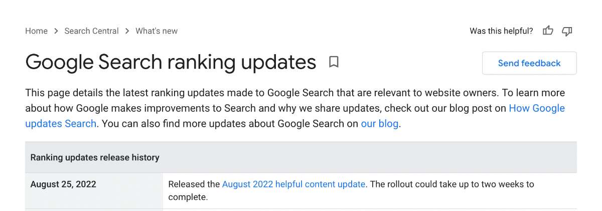 Google search ranking updates screenshot